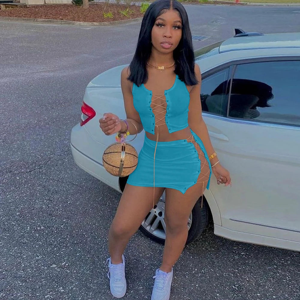 Chain Bandage Two Piece Set Crop Top Mini Skirt Matching Sets