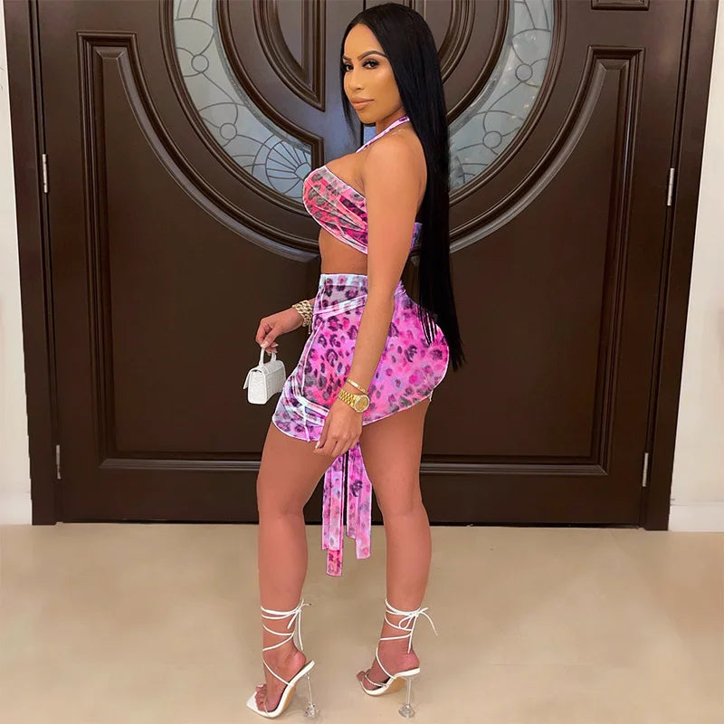 Leopard Halter Backless Crop Top and Ribbons Skirt Set