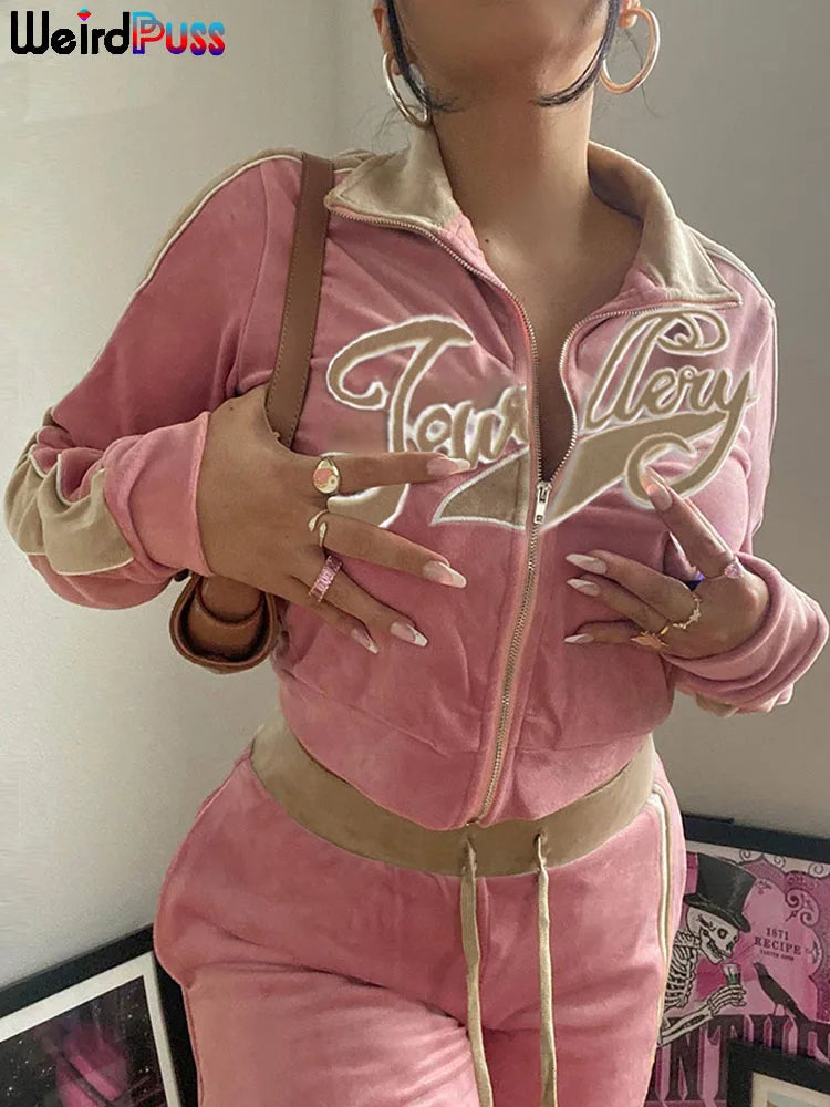 OrangeA Women Tracksuit Letter Print Velvet 2 Piece Outfit Sweatshirt+Straight Sweatpants Matching Set Fitness Sporty Streetwear