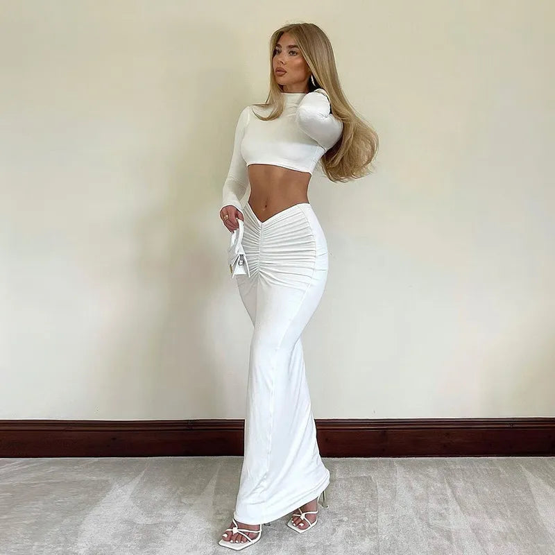 Elegant White Long Sleeve Long Ruched Matching Sets maxi skirt