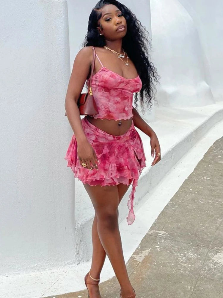 Spaghetti Strap Printed Crop Tops + Split Ruffles Mini Skirt