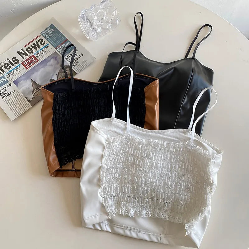 PU Leather Halter Crop Tops Women