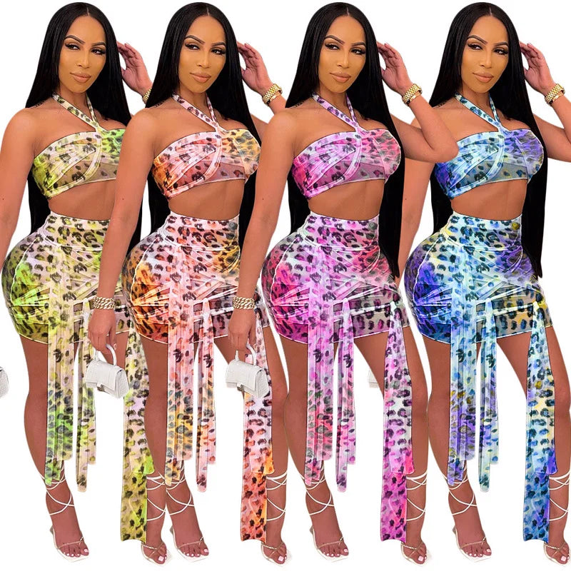 Leopard Halter Backless Crop Top and Ribbons Skirt Set