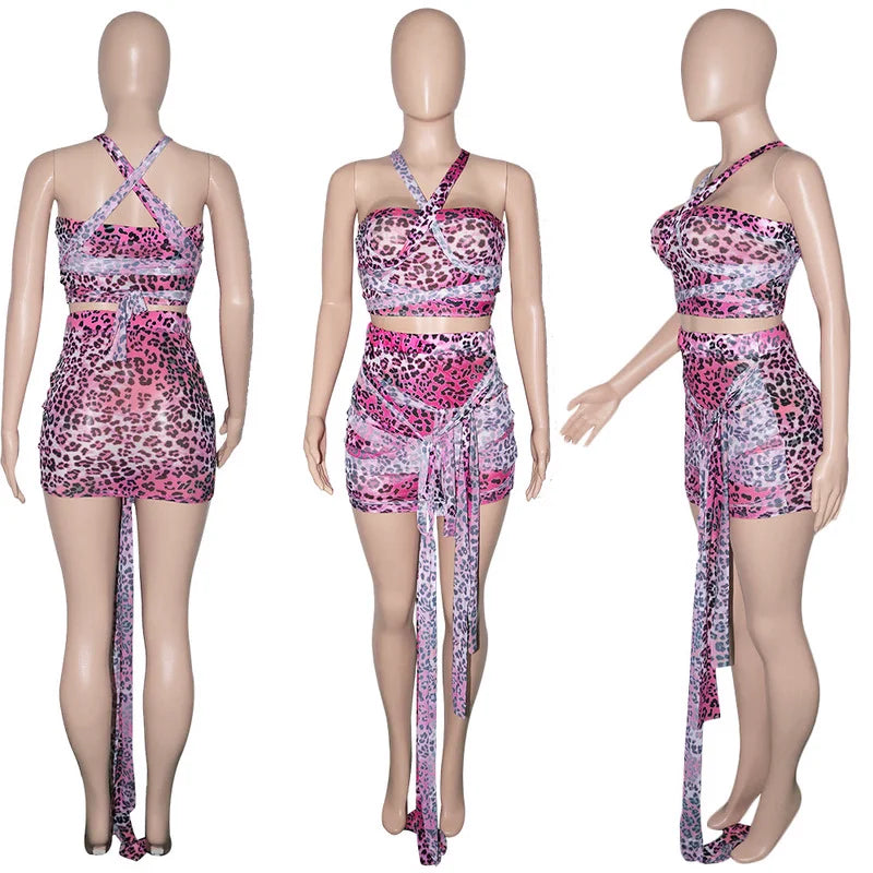 Leopard Halter Backless Crop Top and Ribbons Skirt Set