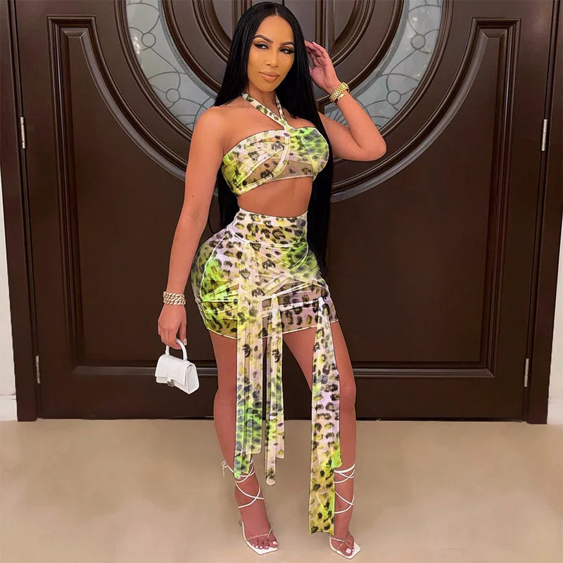 Leopard Halter Backless Crop Top and Ribbons Skirt Set