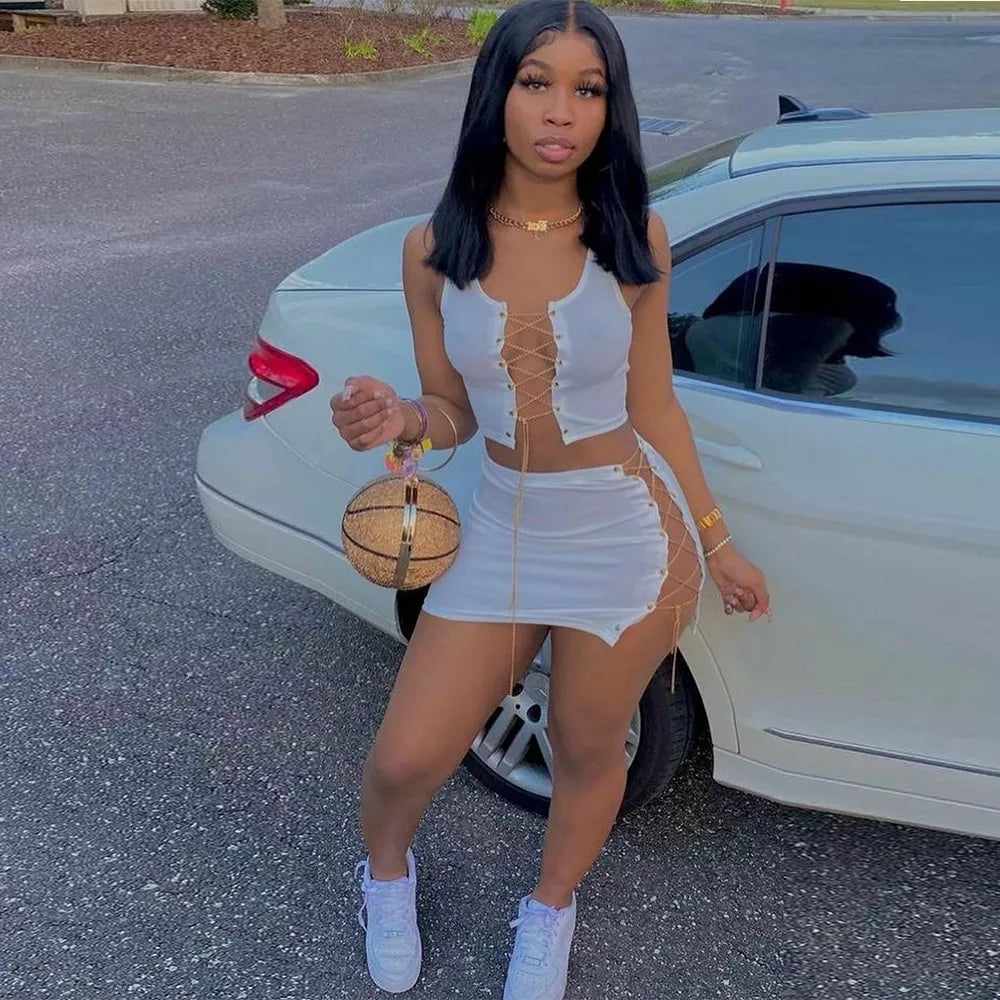 Chain Bandage Two Piece Set  Crop Top Mini Skirt  Matching Sets
