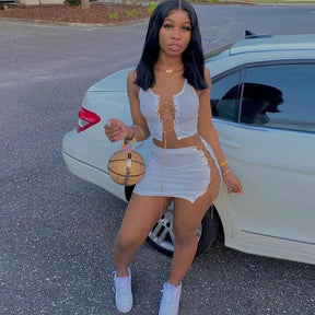 Chain Bandage Two Piece Set  Crop Top Mini Skirt  Matching Sets