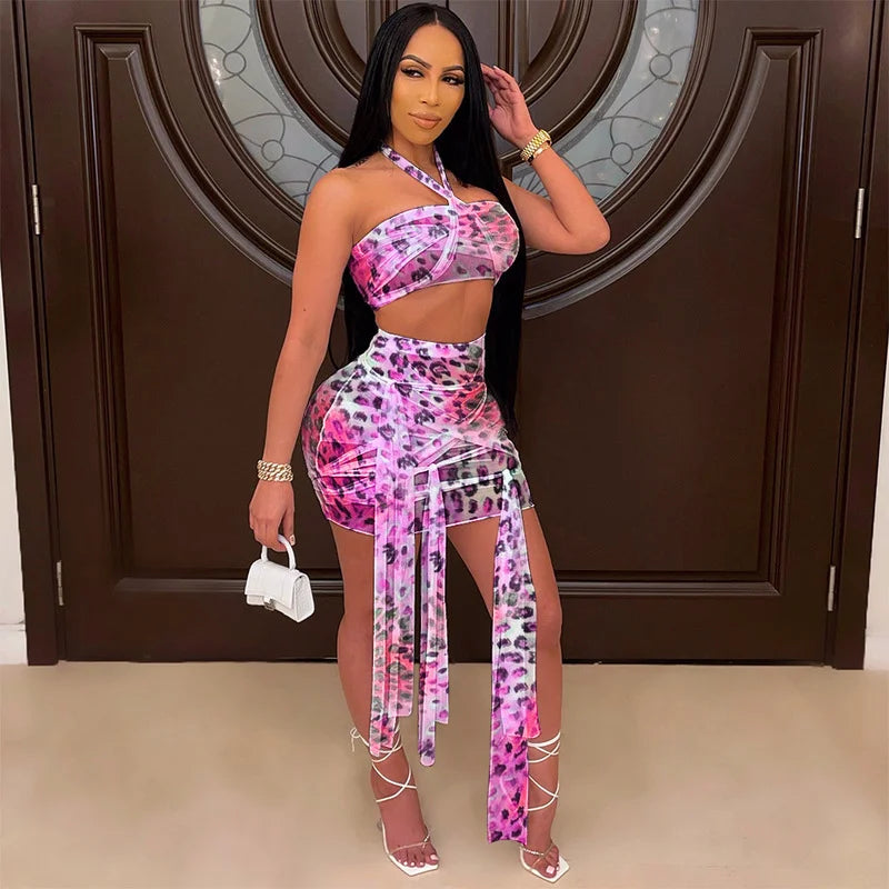 Leopard Halter Backless Crop Top and Ribbons Skirt Set