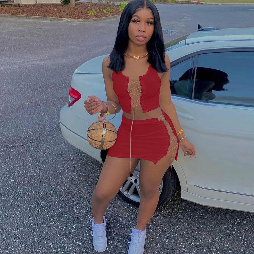 Chain Bandage Two Piece Set  Crop Top Mini Skirt  Matching Sets