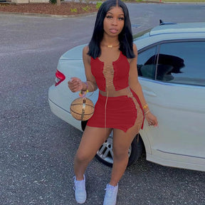 Chain Bandage Two Piece Set  Crop Top Mini Skirt  Matching Sets