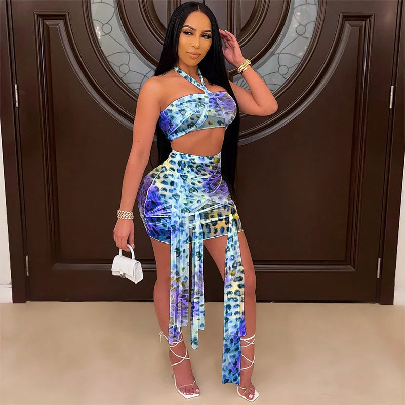 Leopard Halter Backless Crop Top and Ribbons Skirt Set