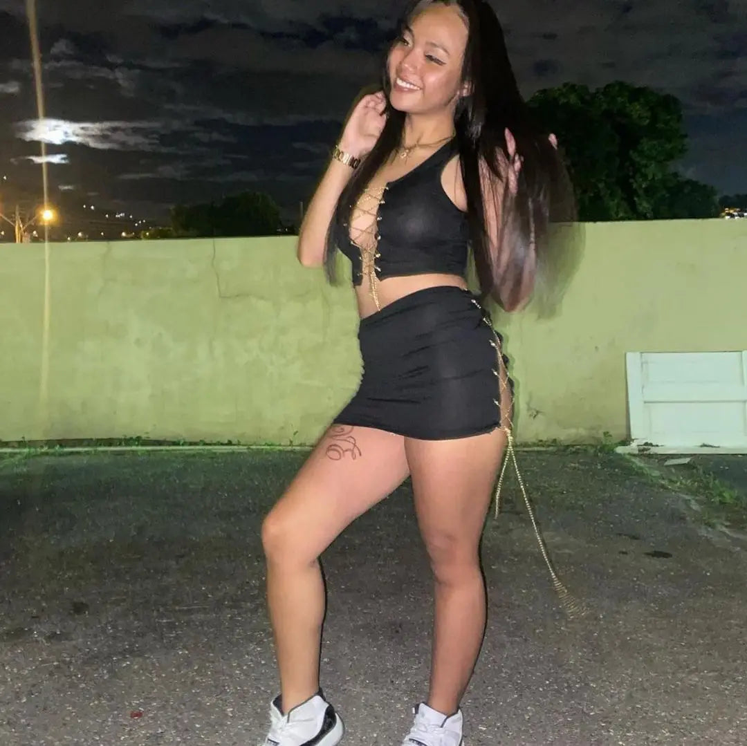 Chain Bandage Two Piece Set  Crop Top Mini Skirt  Matching Sets