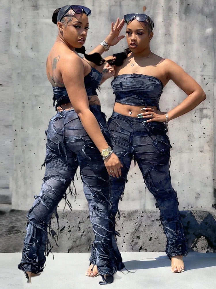 Backless Crop Tops+Tassel Skinny Pencil Pants