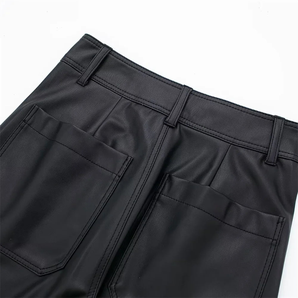 Casual Wide Leg Pants Navy Style Faux Leather