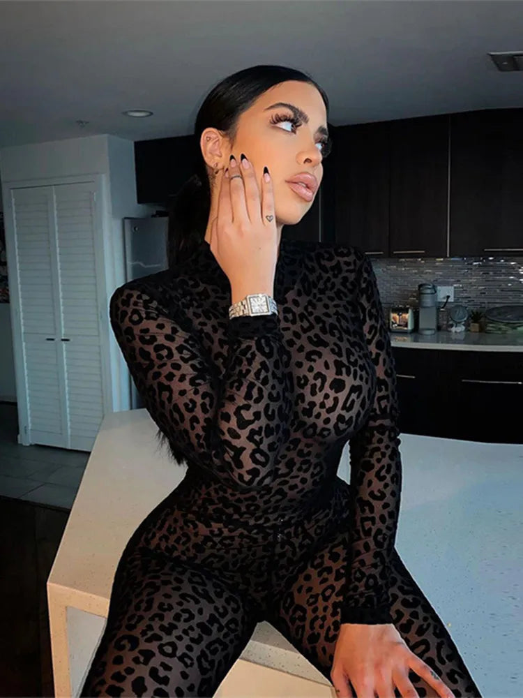 hirigin Animal Instinct Mesh Bodystocking Leopard See Through Velour Long Sleeve Rompers Womens Jumpsuit