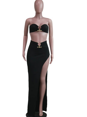 Gold Ring Bandeau Slit Skirt Two-Piece Set  Nightclub Outfit