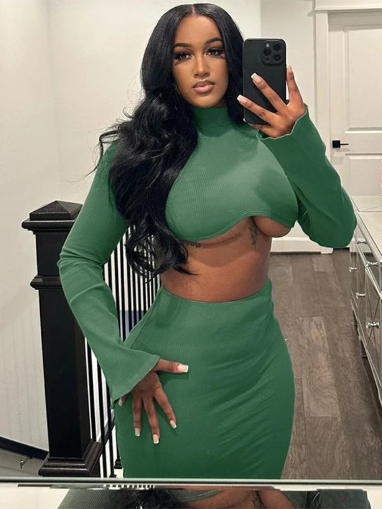 Two Piece Dress Sets  Full Sleeve Crop Top + Pleated Long Skirts
