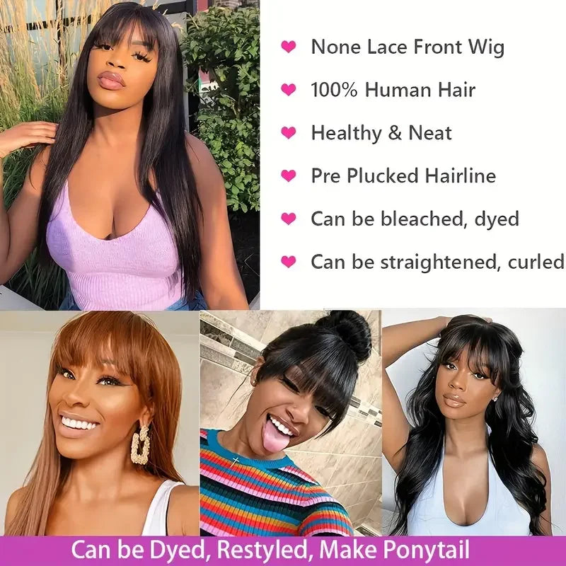 Silky Straight Human Hair Wigs With Bang Full Wigs 8-30inch Natural Color Glueless Peruvian  Human Hair Wigs