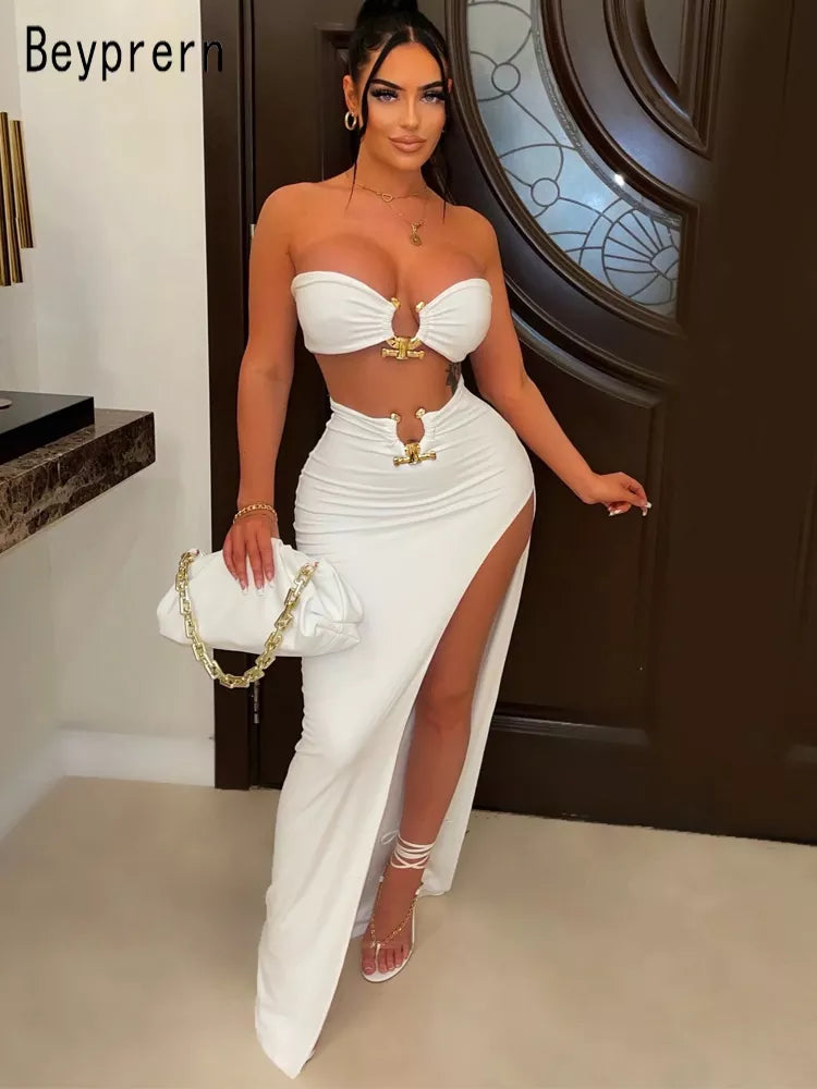 Gold Ring Bandeau Slit Skirt Two-Piece Set  Nightclub Outfit