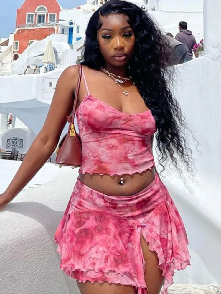 Spaghetti Strap Printed Crop Tops + Split Ruffles Mini Skirt