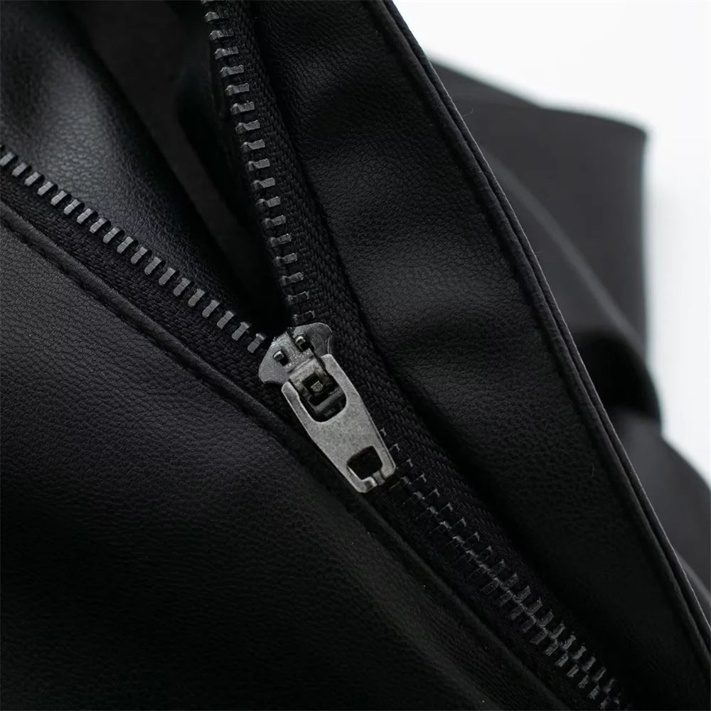 Casual Wide Leg Pants Navy Style Faux Leather