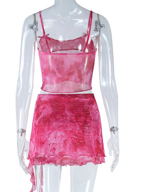 Spaghetti Strap Printed Crop Tops + Split Ruffles Mini Skirt