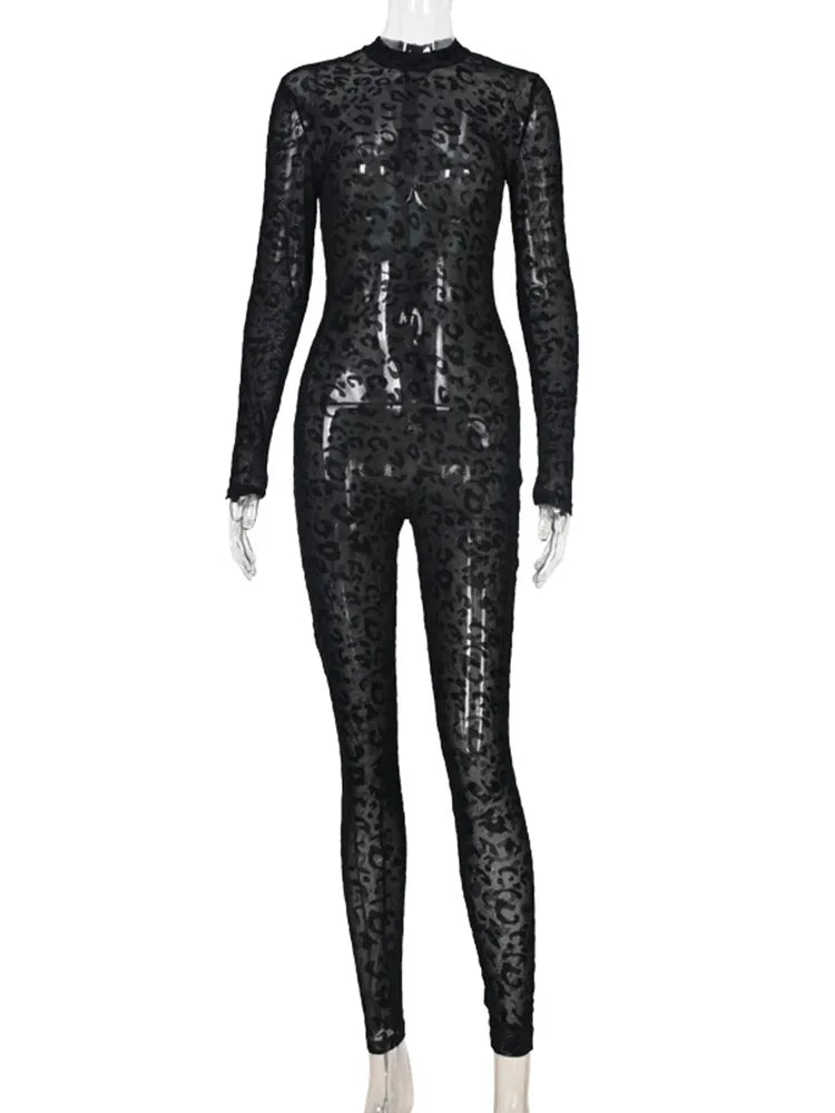 hirigin Animal Instinct Mesh Bodystocking Leopard See Through Velour Long Sleeve Rompers Womens Jumpsuit