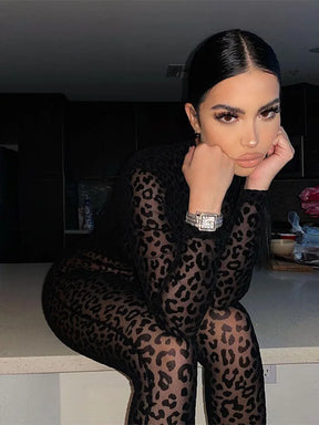 hirigin Animal Instinct Mesh Bodystocking Leopard See Through Velour Long Sleeve Rompers Womens Jumpsuit