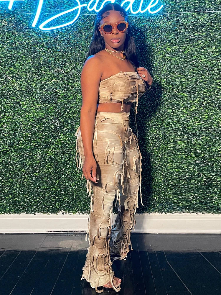 Backless Crop Tops+Tassel Skinny Pencil Pants