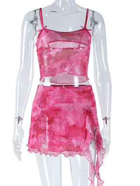 Spaghetti Strap Printed Crop Tops + Split Ruffles Mini Skirt