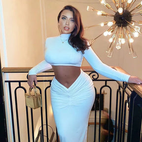 Elegant White Long Sleeve Long Ruched Matching Sets maxi skirt