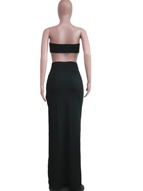 Gold Ring Bandeau Slit Skirt Two-Piece Set  Nightclub Outfit