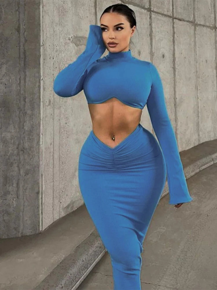 Two Piece Dress Sets  Full Sleeve Crop Top + Pleated Long Skirts