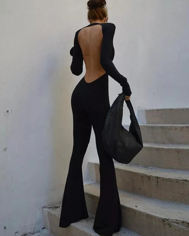 Solid Black Sexy Backless Bodycon Wide Leg Jumpsuit