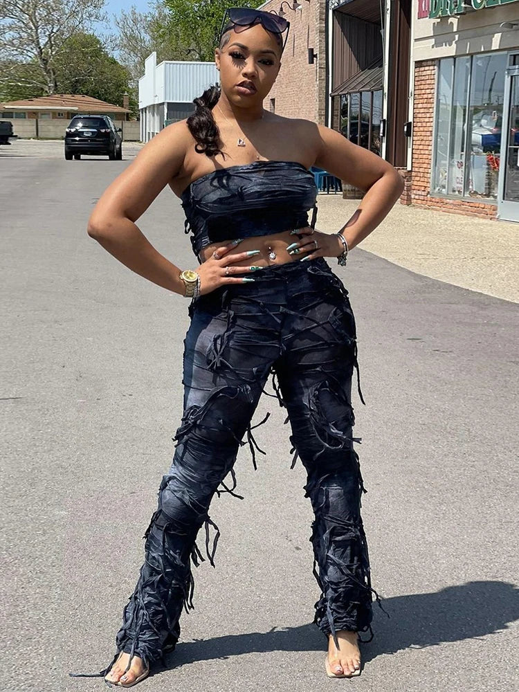 Backless Crop Tops+Tassel Skinny Pencil Pants