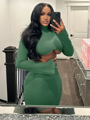 Two Piece Dress Sets  Full Sleeve Crop Top + Pleated Long Skirts
