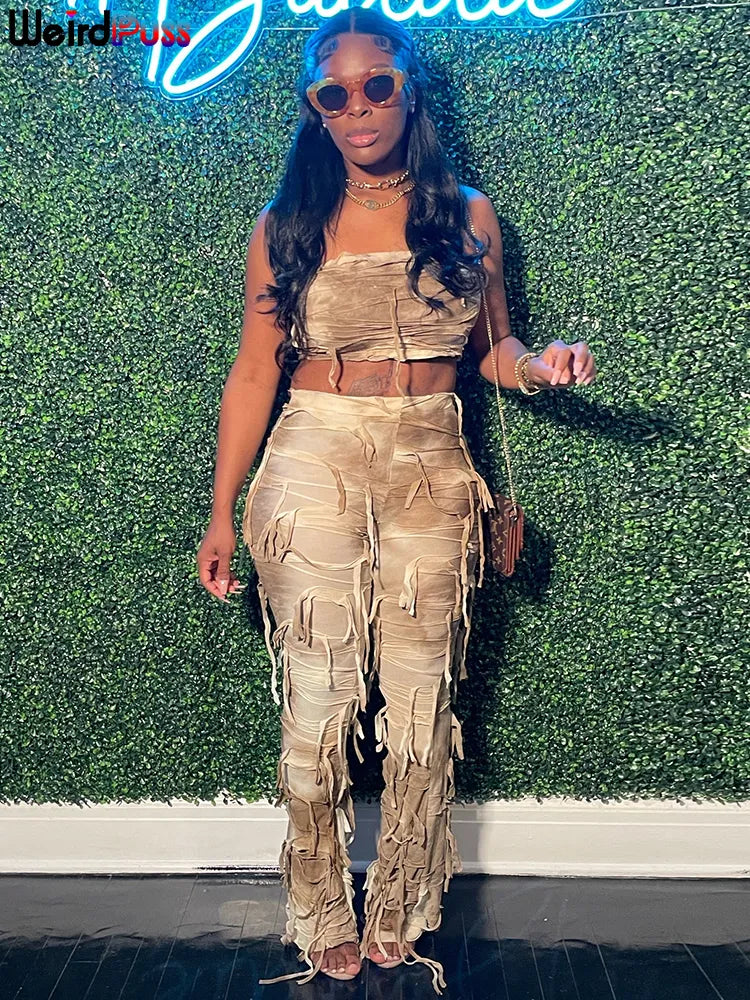 Backless Crop Tops+Tassel Skinny Pencil Pants