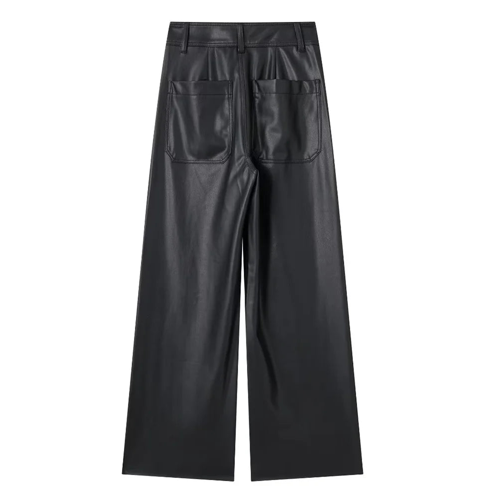 Casual Wide Leg Pants Navy Style Faux Leather