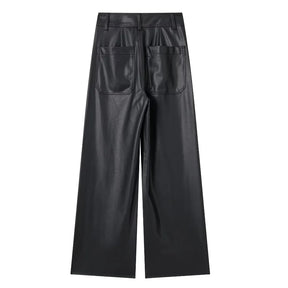 Casual Wide Leg Pants Navy Style Faux Leather