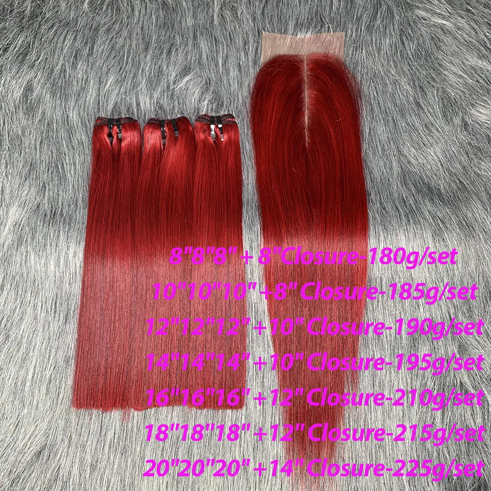 99j Burgundy Bone Straight 3 Bundles with Closure Vietnam Raw Human Hair Extension Ombre Colored Bundles 2x6 Lace Kim K Closure