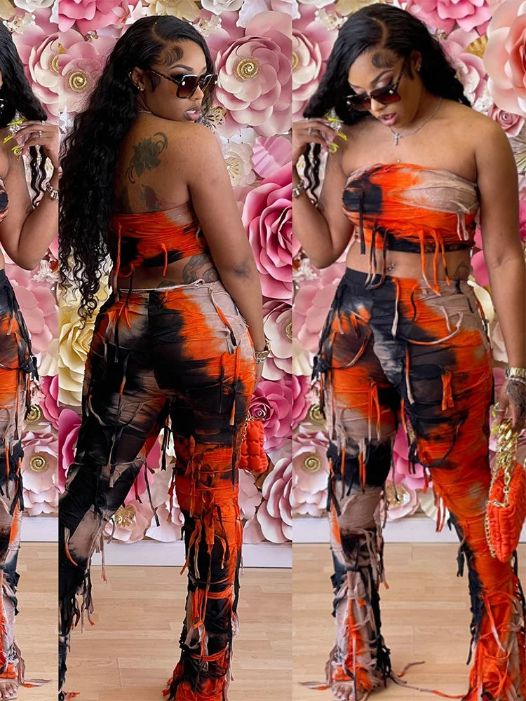 Backless Crop Tops+Tassel Skinny Pencil Pants