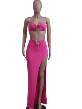 Gold Ring Bandeau Slit Skirt Two-Piece Set  Nightclub Outfit