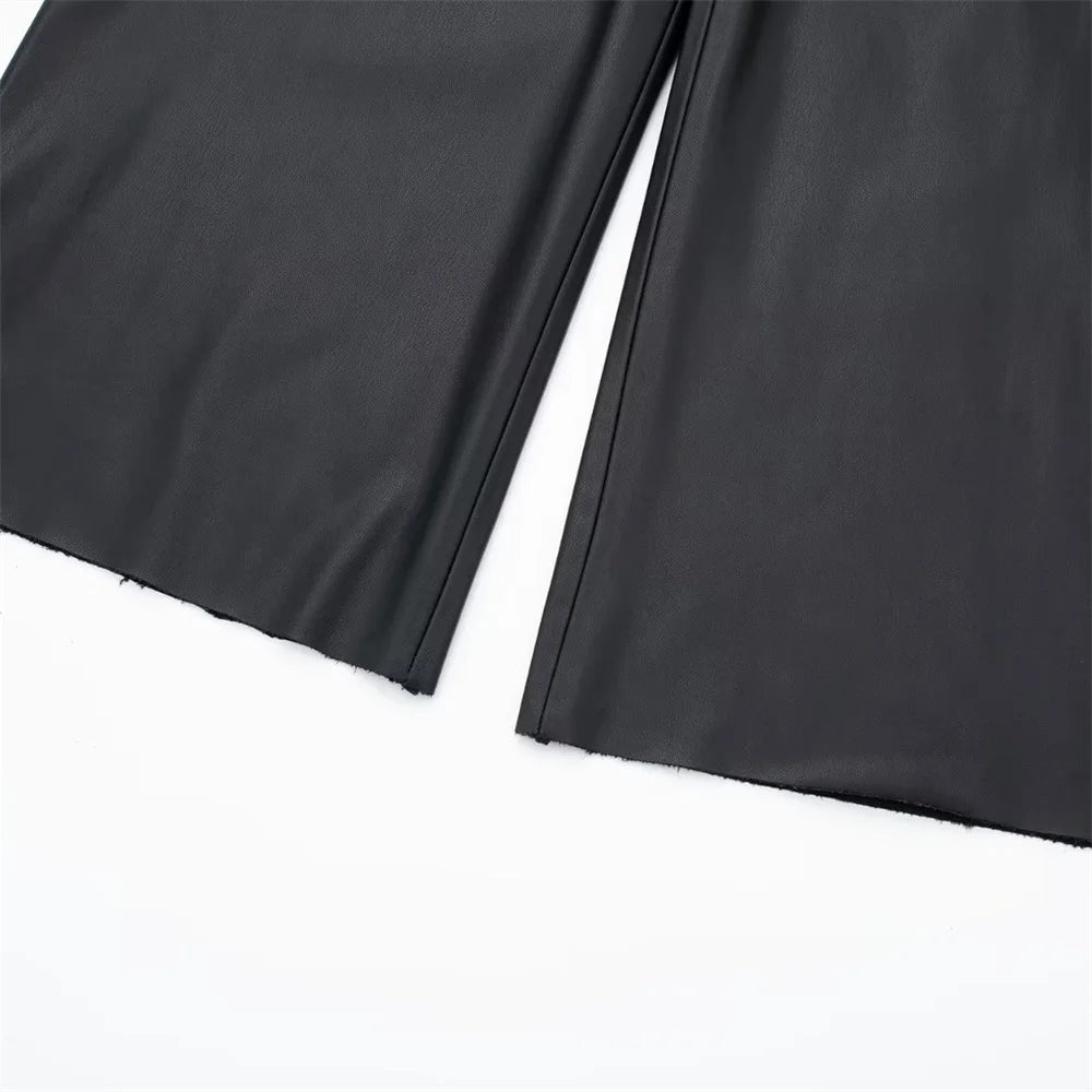 Casual Wide Leg Pants Navy Style Faux Leather