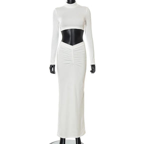 Elegant White Long Sleeve Long Ruched Matching Sets maxi skirt