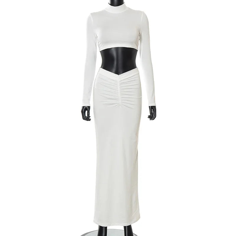 Elegant White Long Sleeve Long Ruched Matching Sets maxi skirt